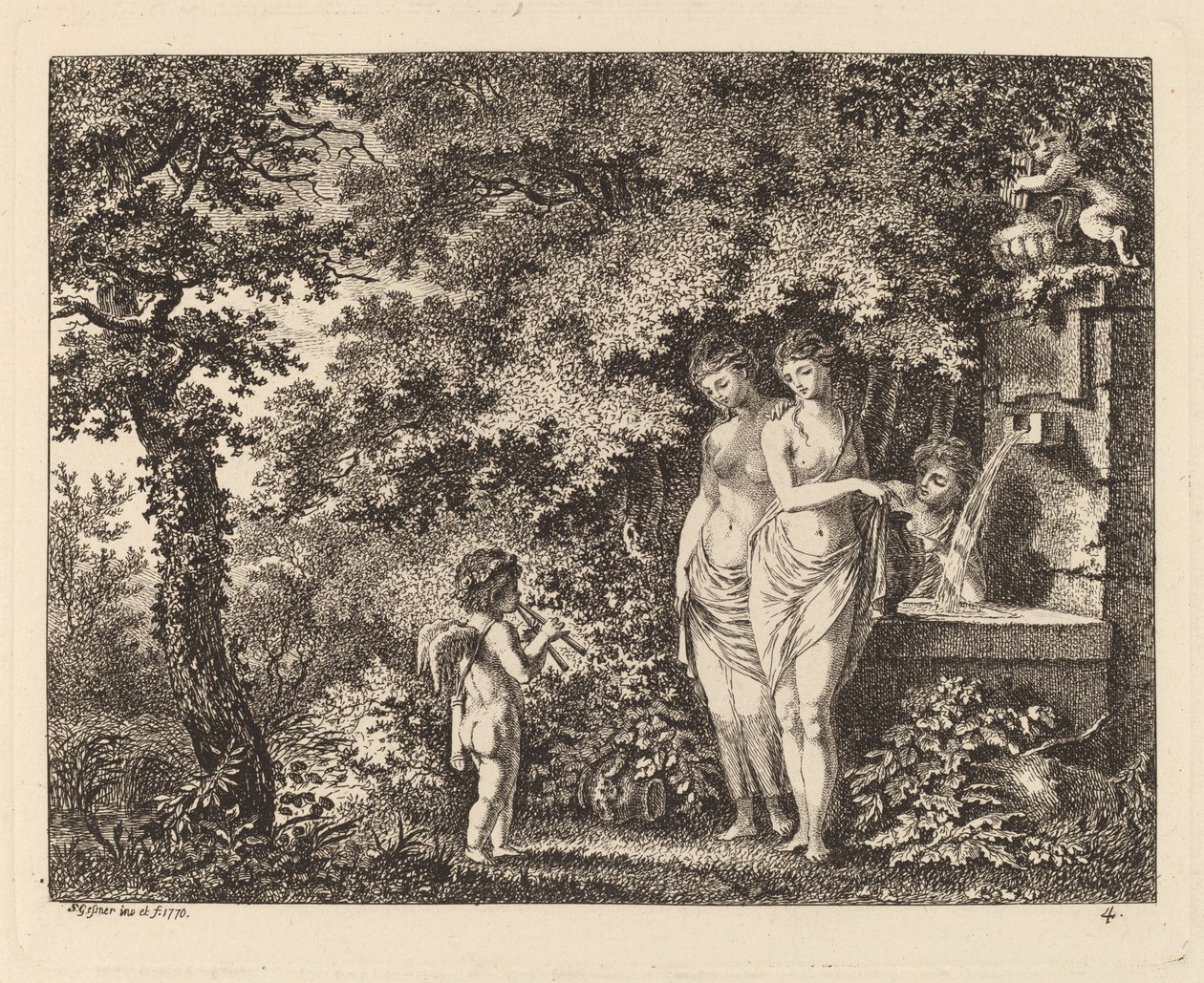 Eros három lánnyal egy szökőkútnál, 1770. alkotó: Salomon Gessner