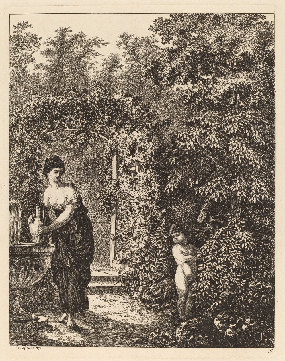 Putto, lánylátogatás a szökőkútnál, 1771. alkotó: Salomon Gessner