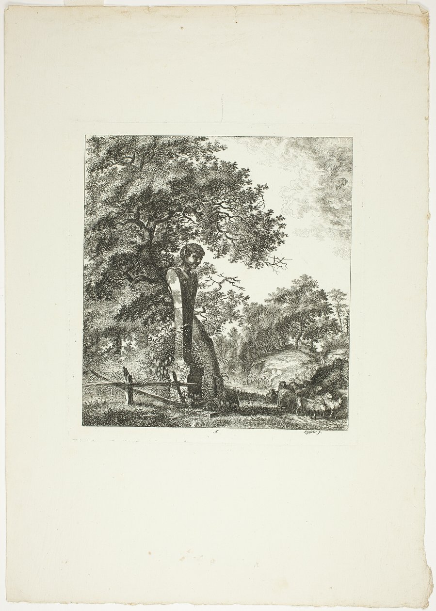 Birkák egy Pán-szobor mellett, ötödik lemez a Paysages Dédiés à M. Warelet című kötetből. alkotó: Salomon Gessner