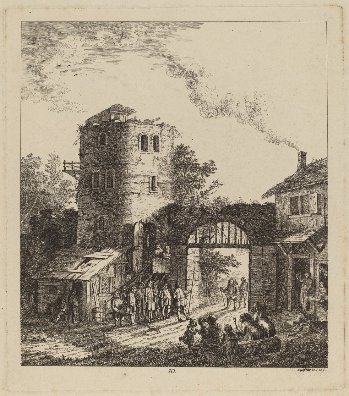 Falusiak a városkapunál egy méltóságot köszöntenek, 1764. alkotó: Salomon Gessner