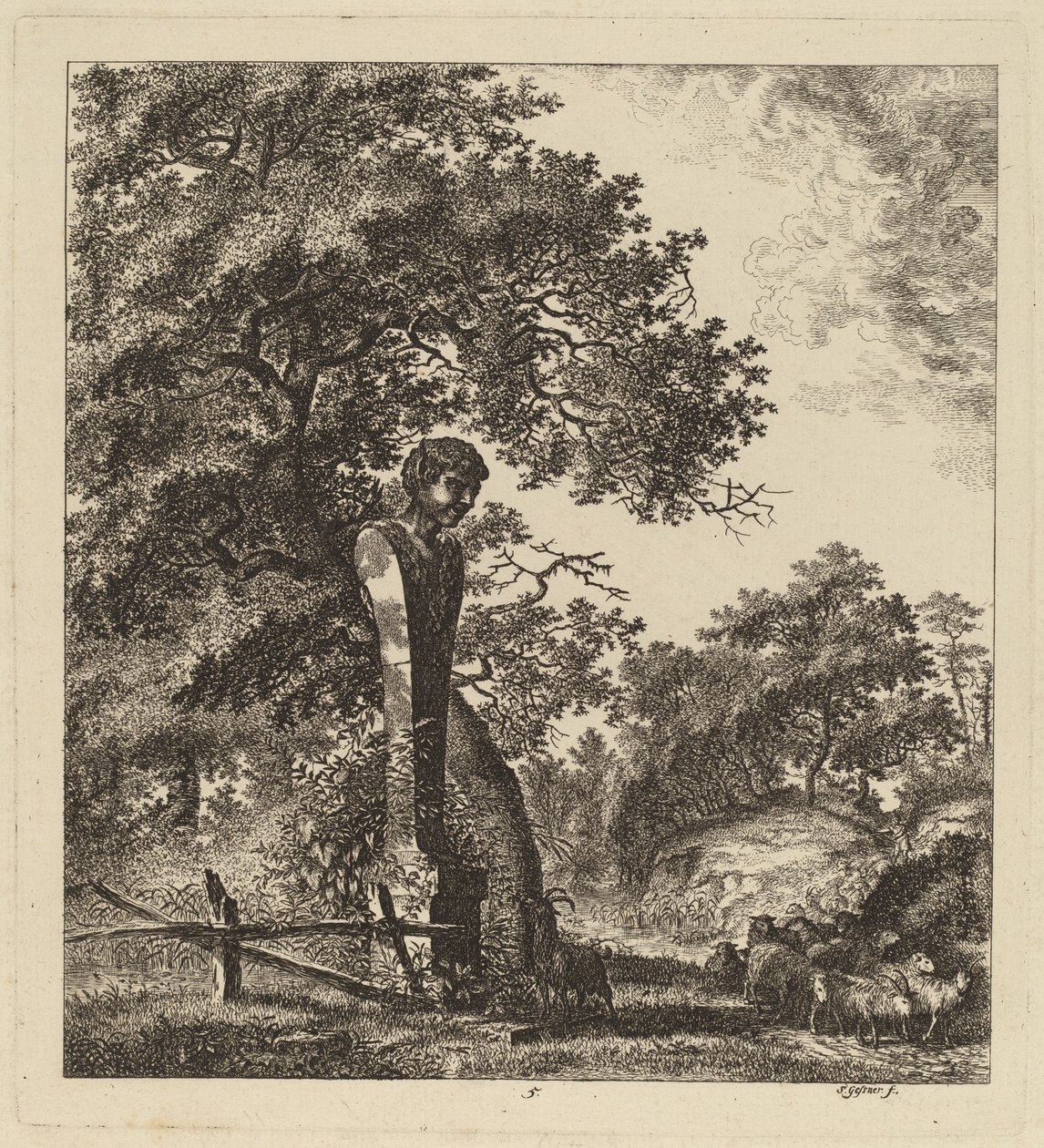 Erdős táj kecskecsordával és hermával, 1764. alkotó: Salomon Gessner