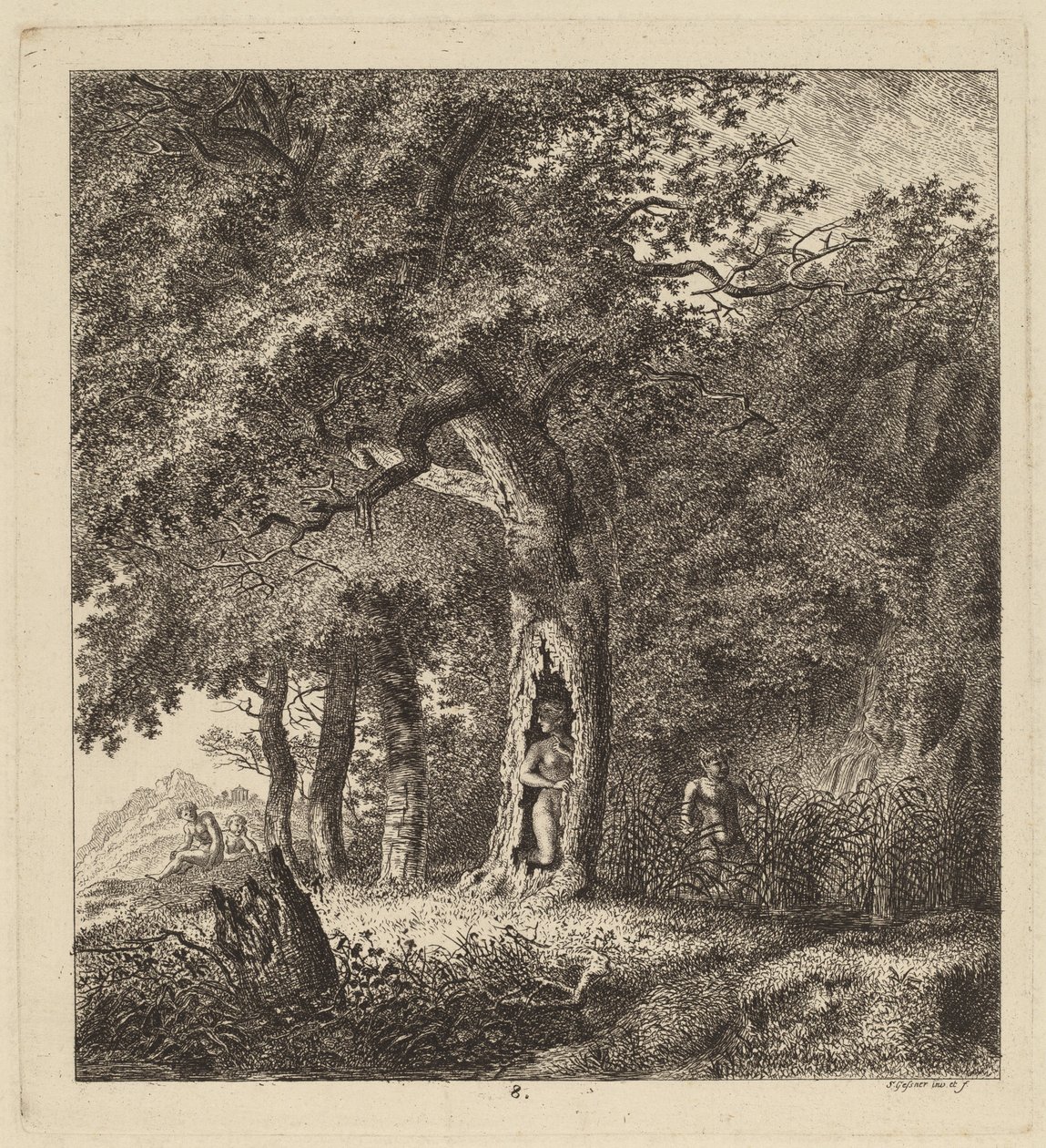 Erdős táj nimfával és szatírral, 1764. alkotó: Salomon Gessner