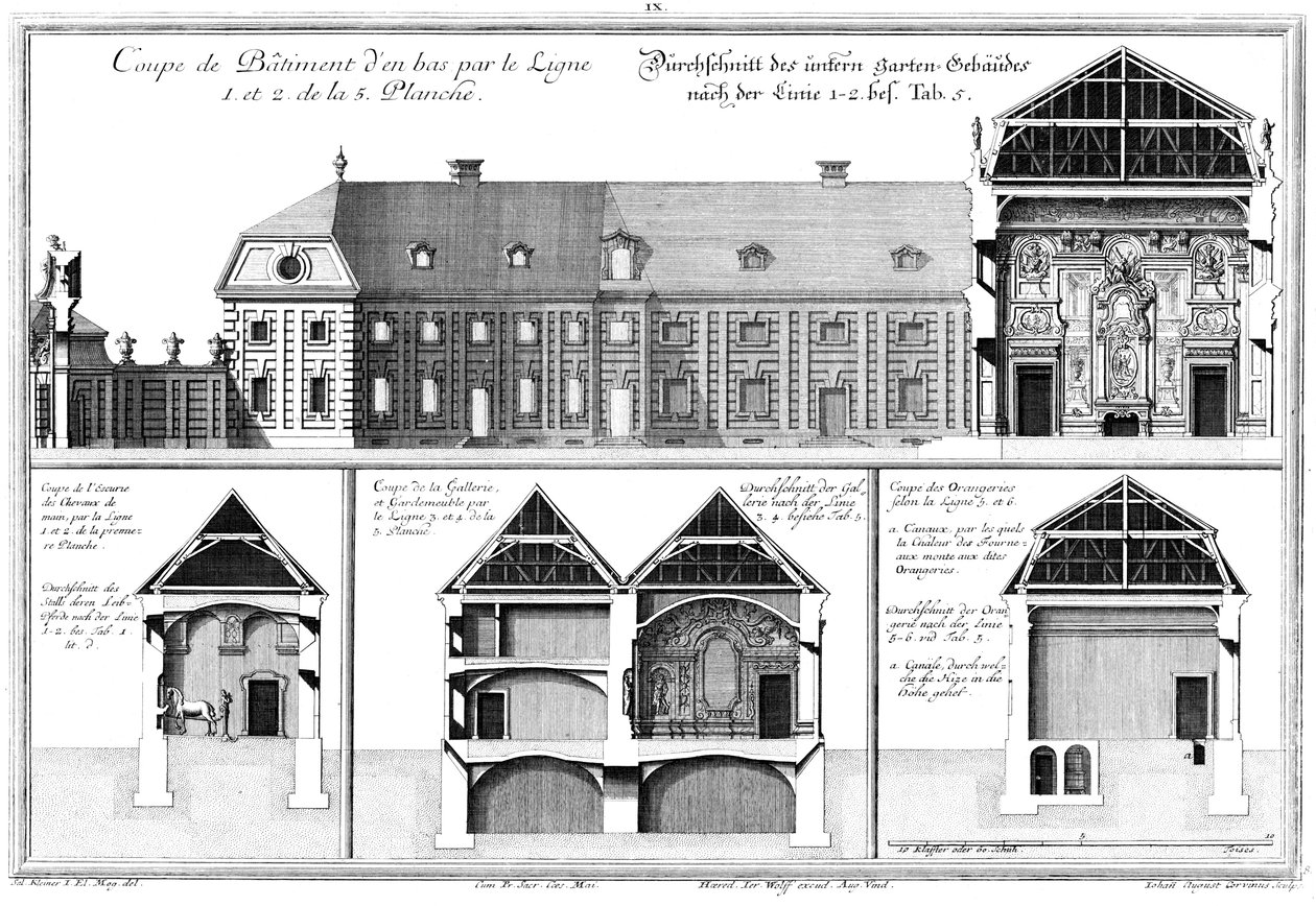 Három keresztmetszet az alsó váron, keresztmetszet az istállón keresztül a személyes lovak számára alkotó: Salomon Kleiner