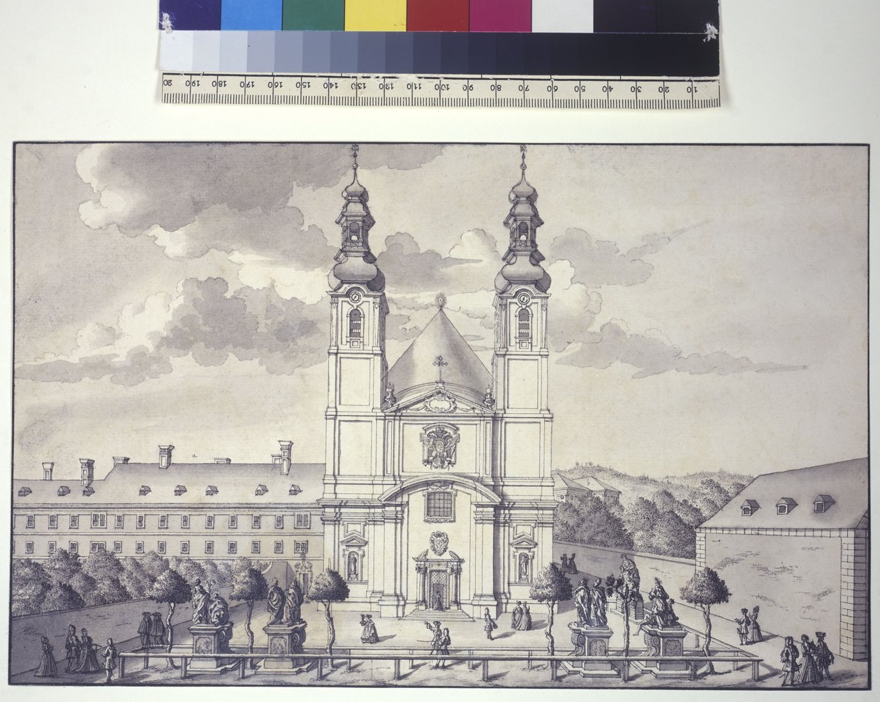 Egész oldal: a Rossau külvárosában lévő szervita templom előlapja (tollrajz) alkotó: Salomon Kleiner