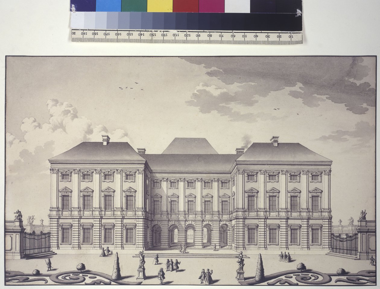 Egész oldal: a rosaui Liechtenstein-palota kerti homlokzatának elülső nézete (tollrajz) alkotó: Salomon Kleiner
