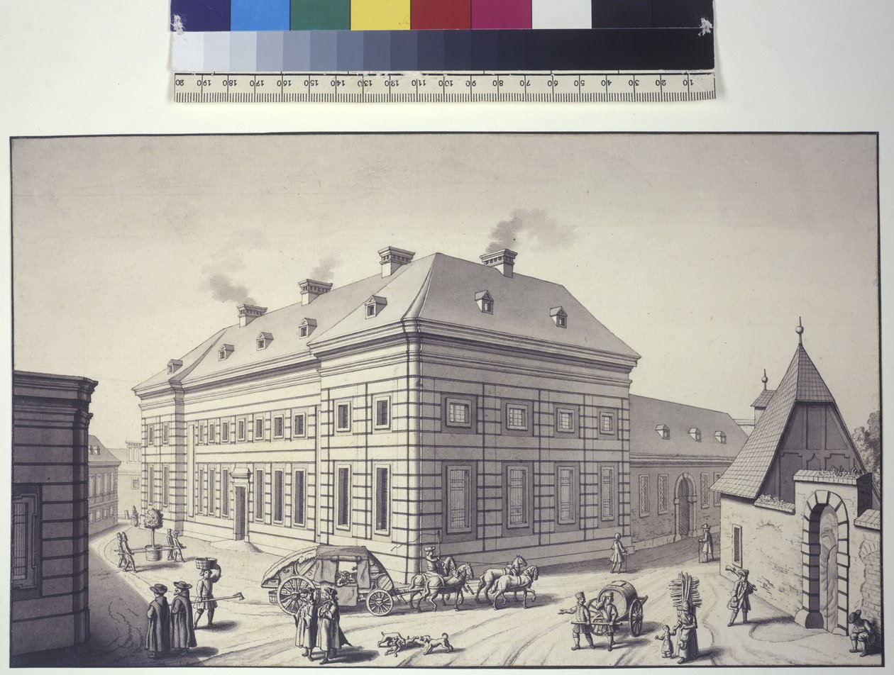 Egész oldal: a rosaui liechtensteini kerti palotával szemben található egykori Orangerie ferde nézete (tollrajz) alkotó: Salomon Kleiner