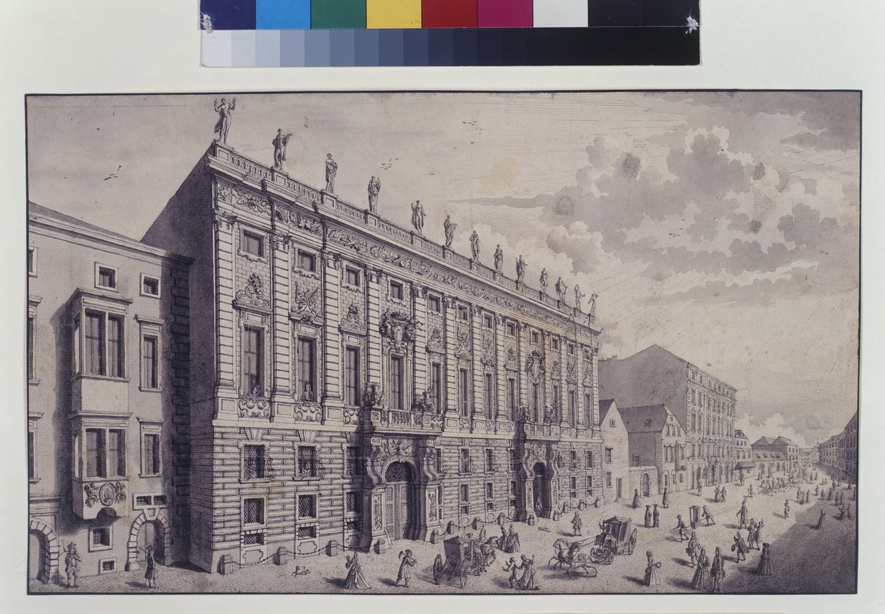 Egész oldal: Savoyai Eugén herceg Himmelpfortgasse-i palotájának ferde nézete (toll, ecset és tus) alkotó: Salomon Kleiner