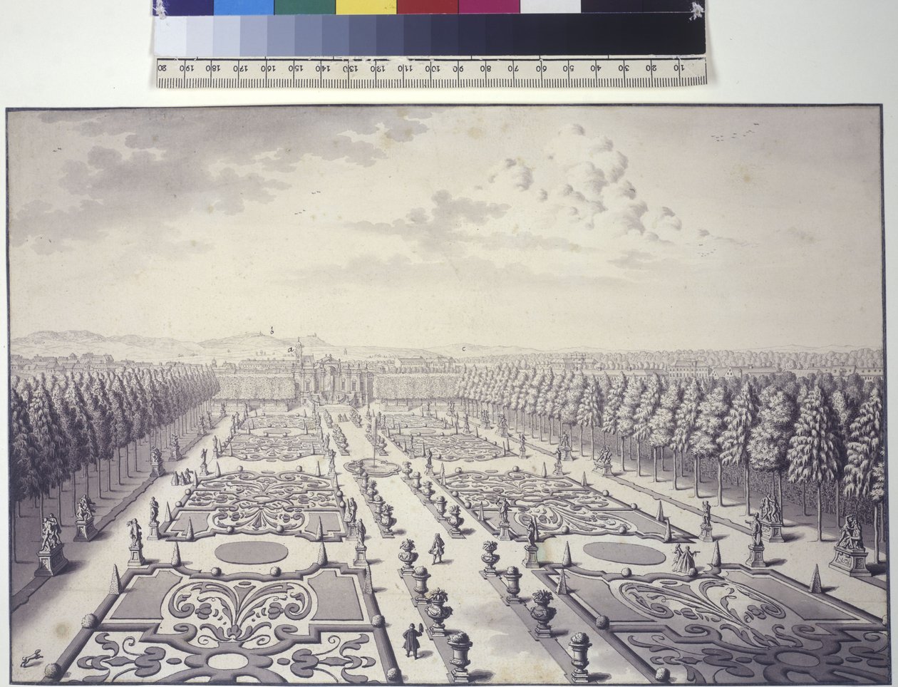 Egész oldal: a rosaui Liechtenstein-palota kertjének látképe alkotó: Salomon Kleiner