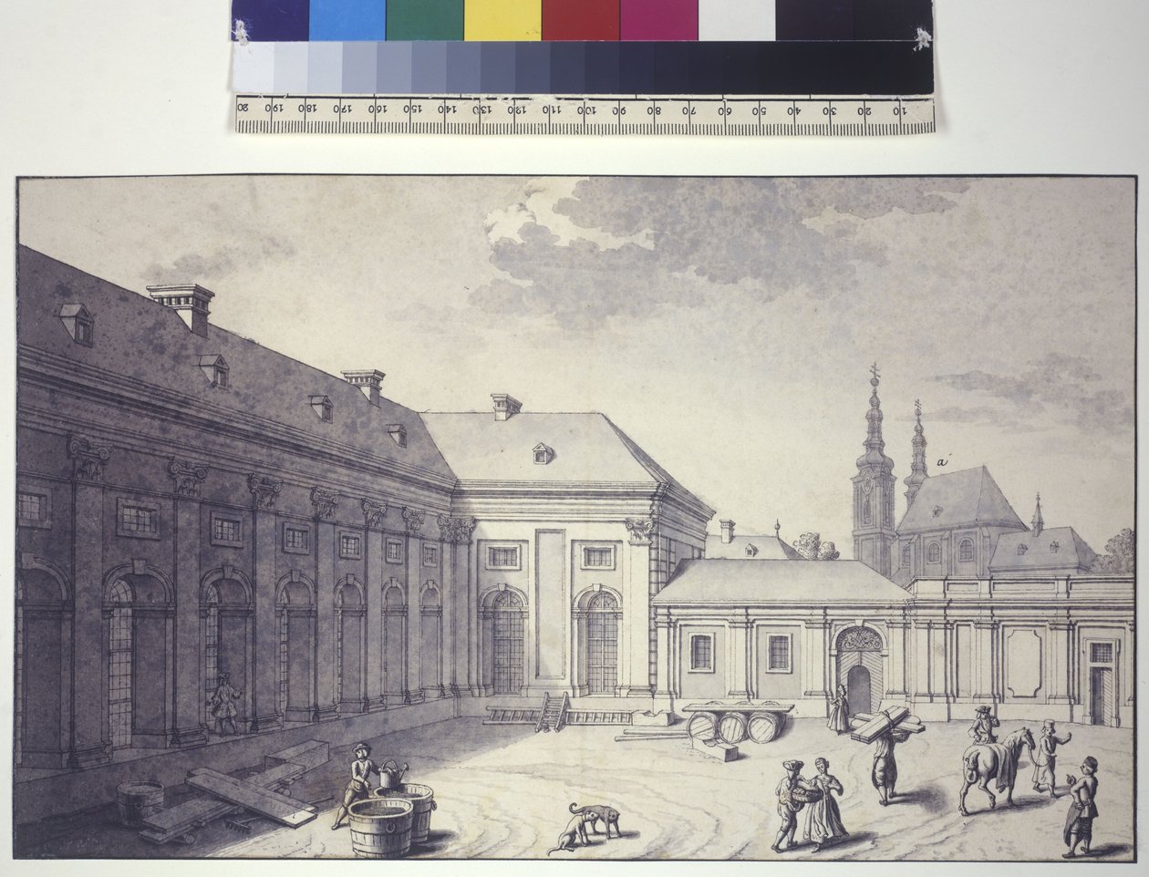 Egész oldal: az Orangeria belső udvari homlokzatának nézete (tollrajz) alkotó: Salomon Kleiner