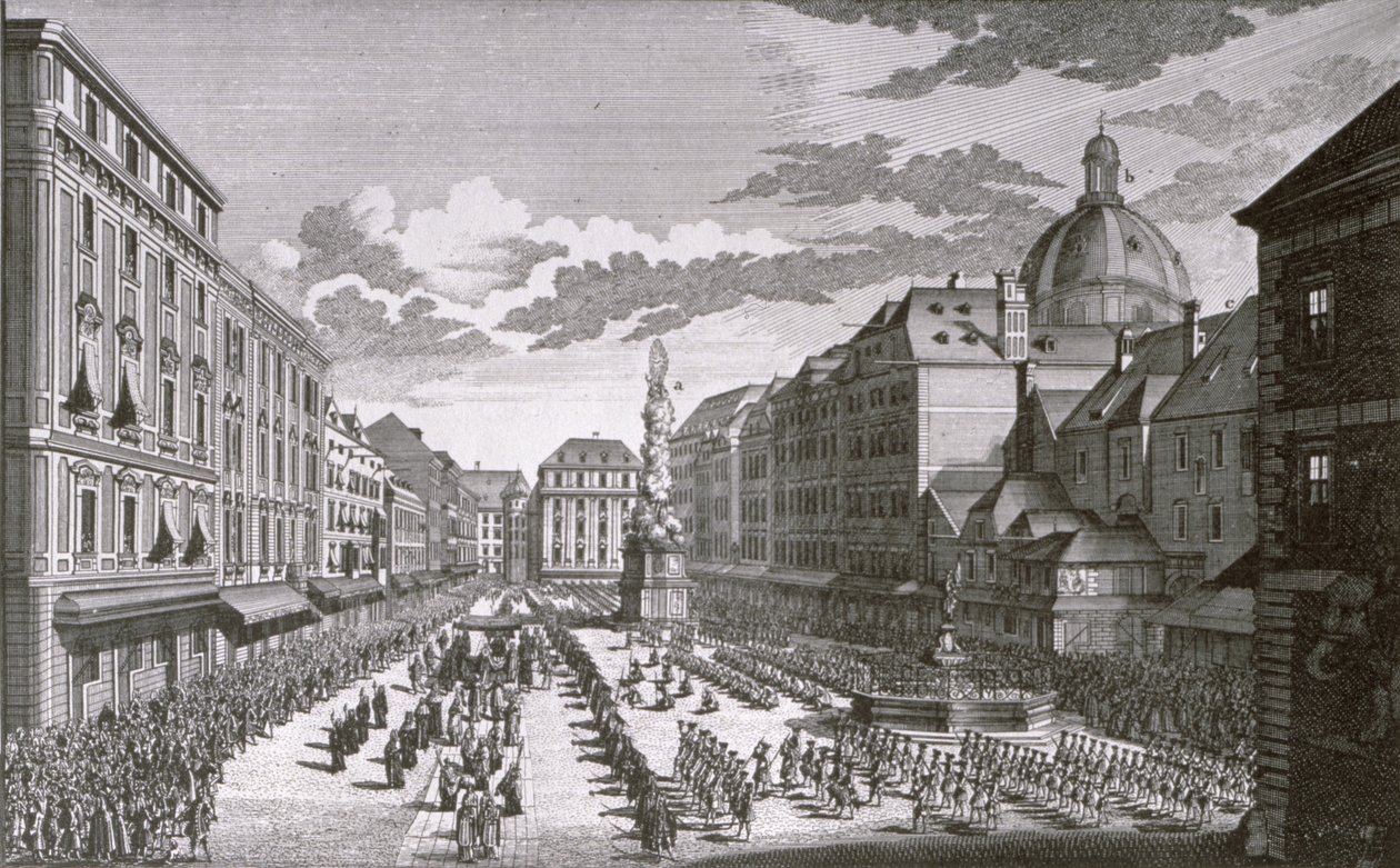 Georg-Daniel Heumann (1691-1759) gravírozása egy felvonulásról a Grabenben alkotó: Salomon Kleiner
