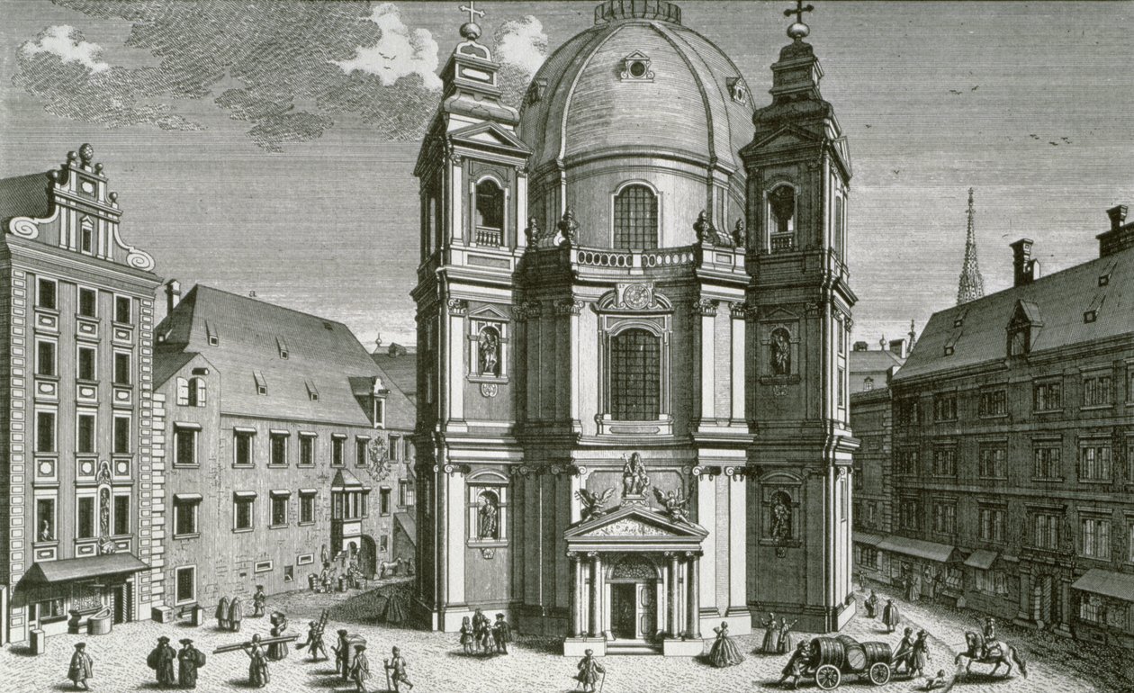Kilátás a bécsi Peterskirche-re, Johann Bernard Hattinger metszetével alkotó: Salomon Kleiner