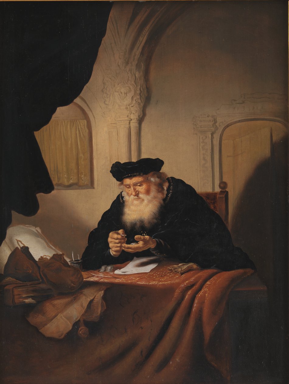 Egy öregember számolja a pénzét alkotó: Salomon Koninck