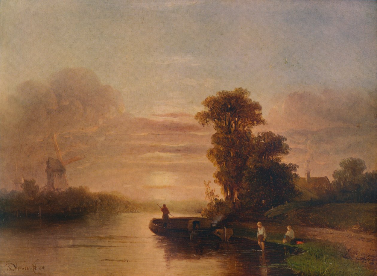 Naplemente a folyón, szélmalommal és kunyhóval, 1848, 1938 alkotó: Salomon Leonardus Verveer