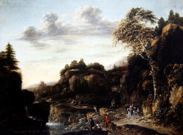 Erdős táj szarvasvadászattal egy folyó mellett, 1690 körül (olaj, vászon) alkotó: Salomon Rombouts