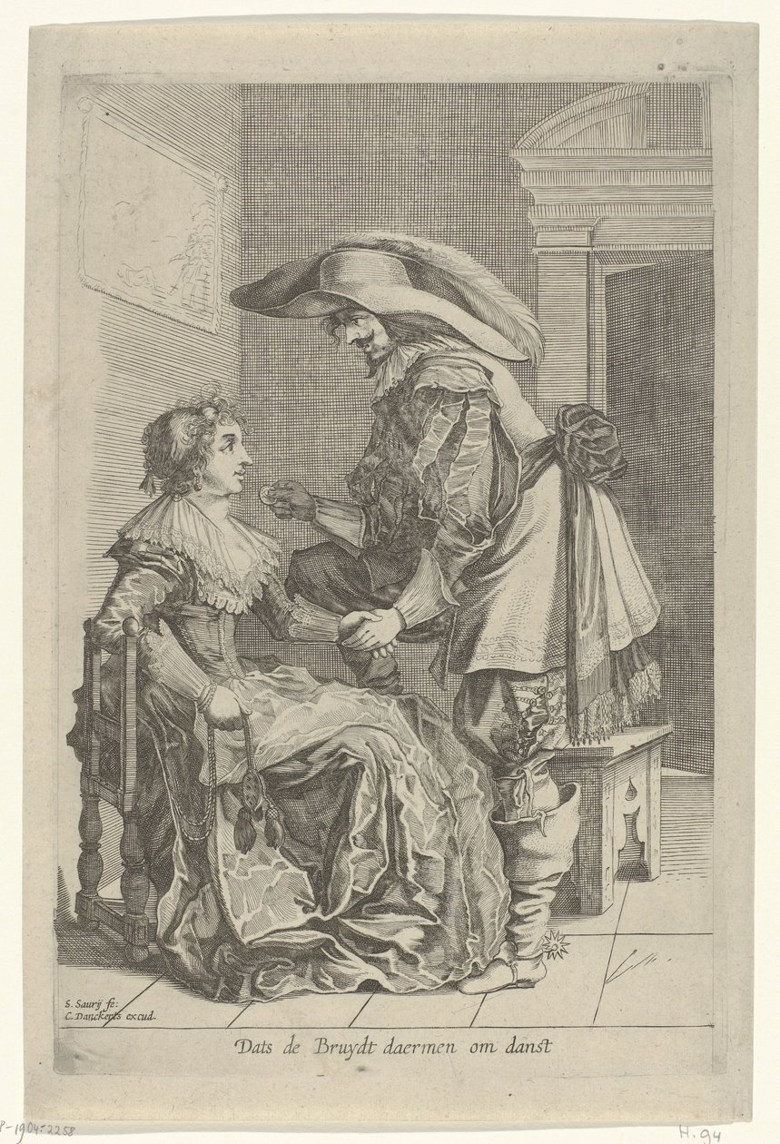 A férfi érmét kínál egy nőnek Dats de Bruydt daermen om danst (cím a tárgyon) alkotó: Salomon Savery
