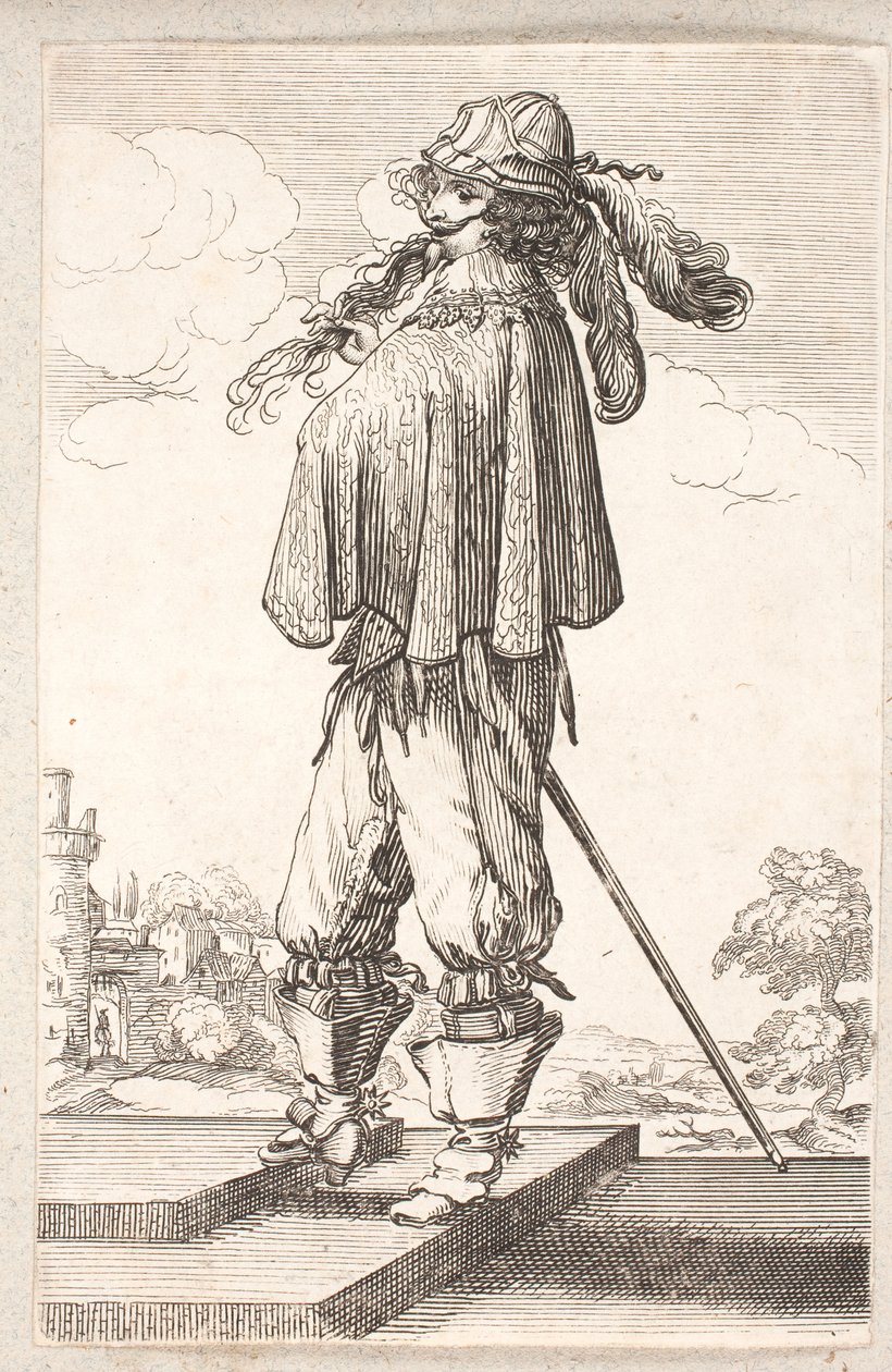 Férfi, profil balra, címerrel és tollas kalappal, két lépcsőfokon megy felfelé alkotó: Salomon Savery