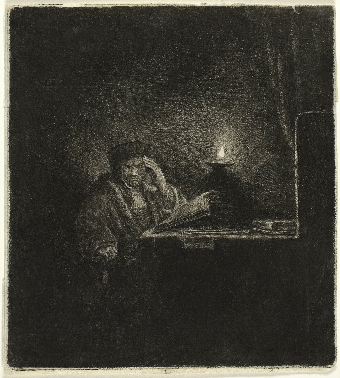 Diák egy asztalnál gyertyafénynél alkotó: Salomon Savery