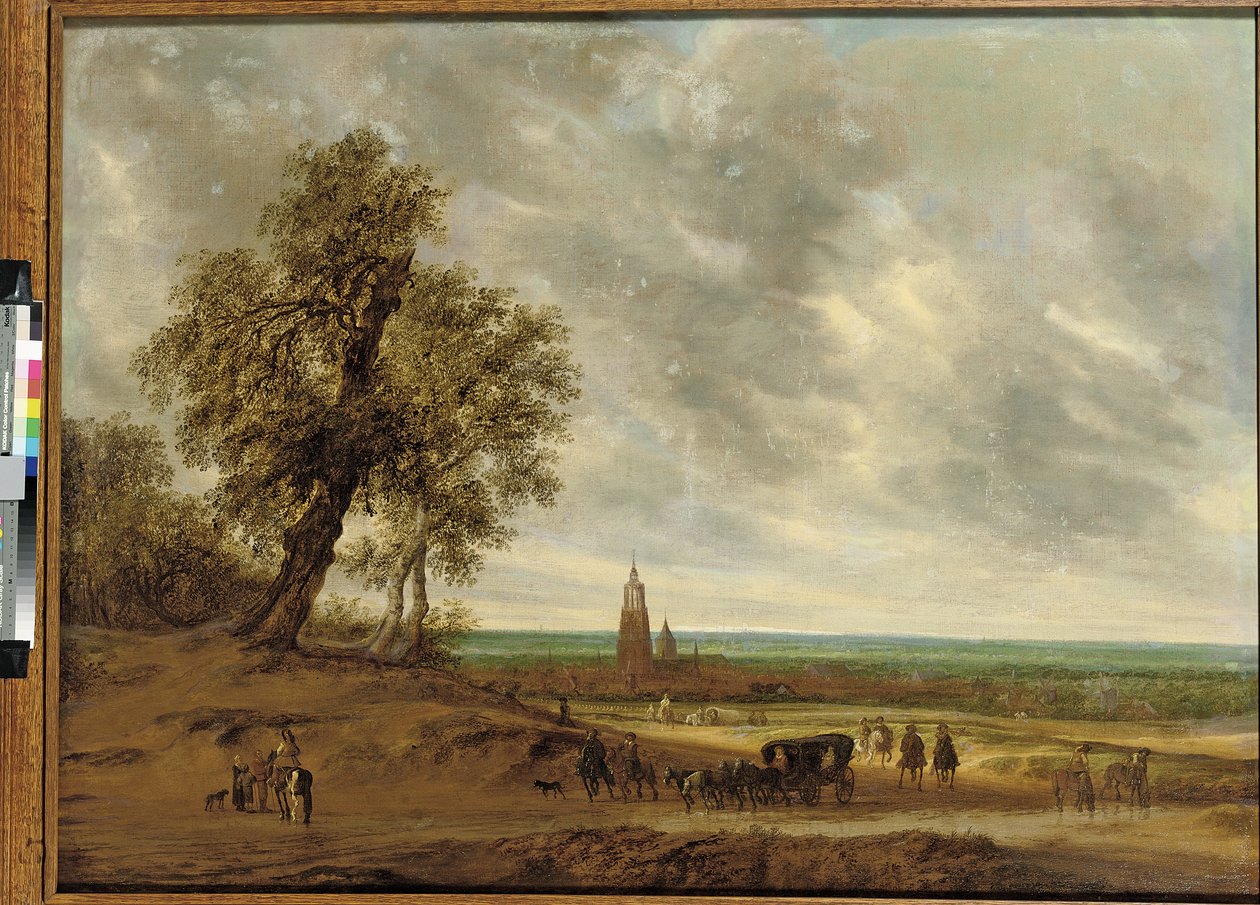 Panorámás táj utazókkal egy ösvényen, Amersfoort városa mögött, 1634 alkotó: Salomon van Ruisdael or Ruysdael