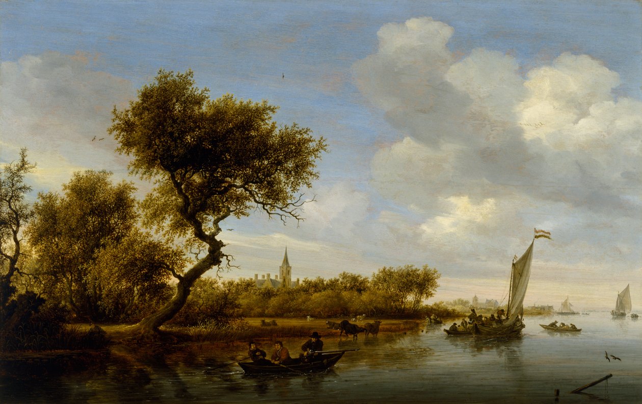 Folyói táj templommal a távolban, 1655-1660 körül (olaj, fa) alkotó: Salomon van Ruisdael or Ruysdael