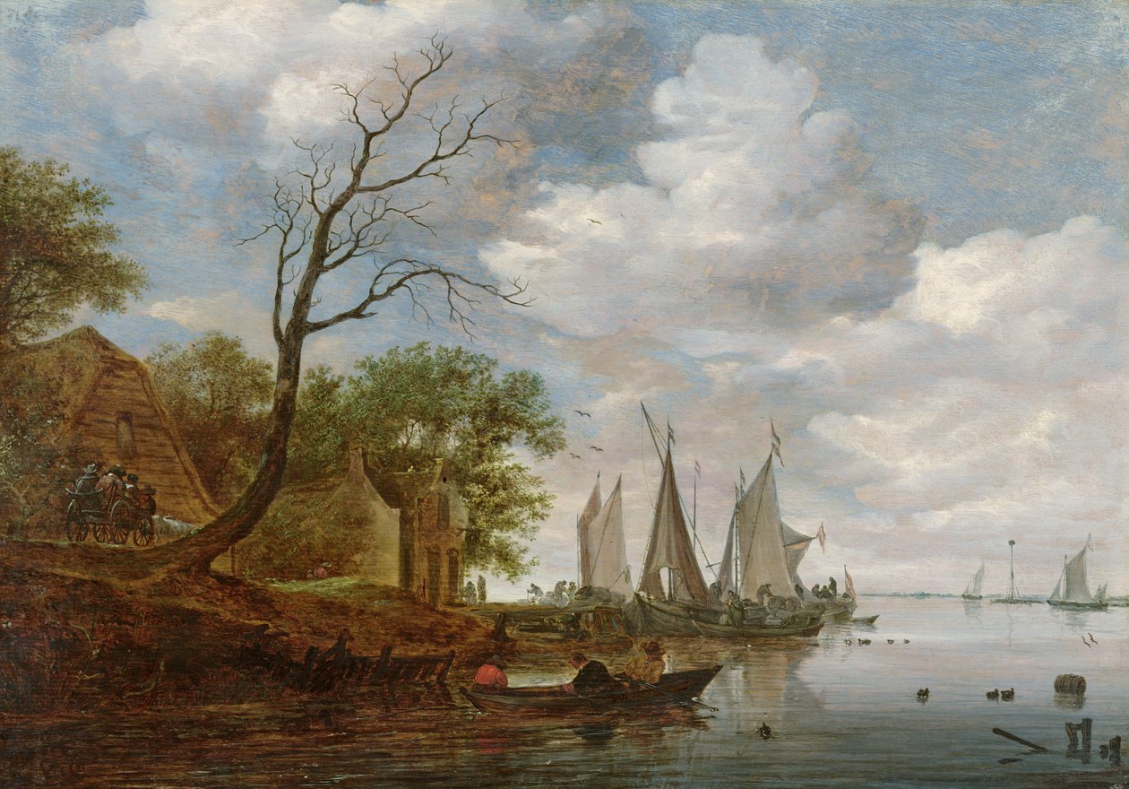Folyói jelenet vitorláshajók kirakodásával a parton (olaj a panelen) alkotó: Salomon van Ruisdael or Ruysdael