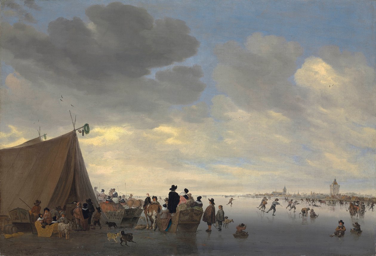 Korcsolyázók a befagyott Lek folyón, Vianen városán túl, 1653 alkotó: Salomon van Ruisdael or Ruysdael