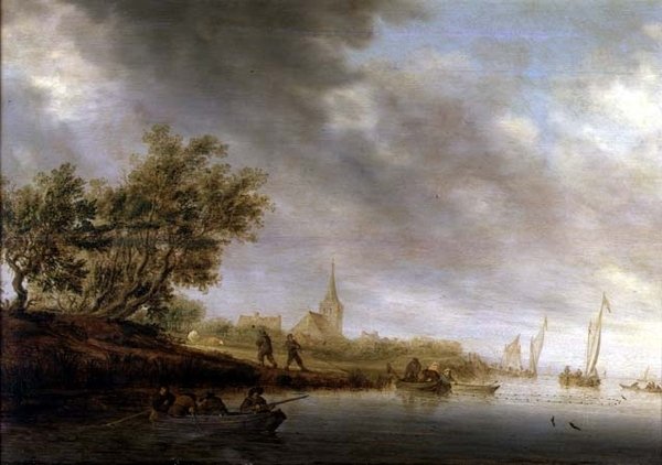 Erdős folyó táj uszályokkal alkotó: Salomon van Ruisdael or Ruysdael