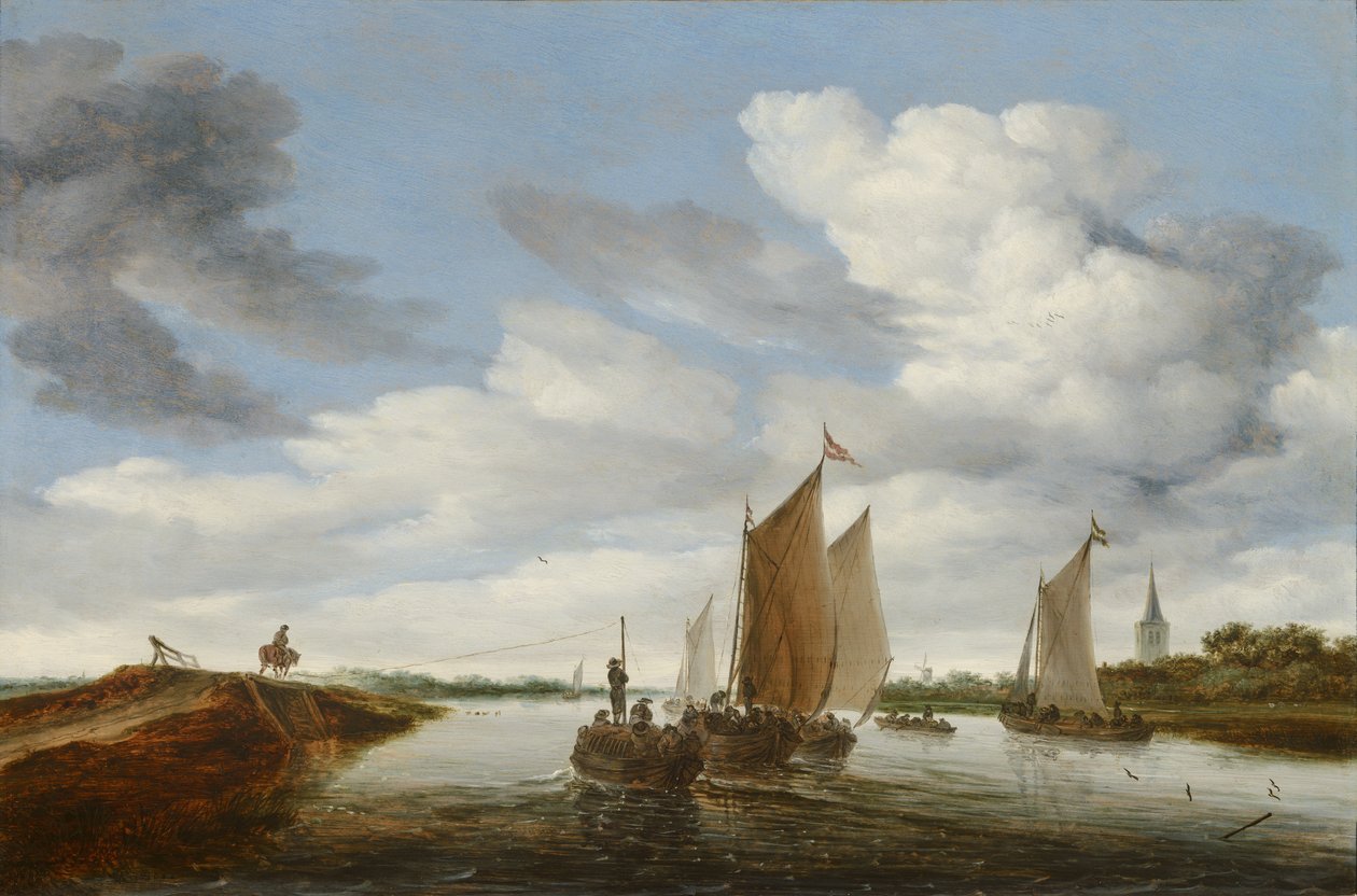 Folyóparti táj vitorlásokkal és egy lovas bárkával alkotó: Salomon van Ruysdael