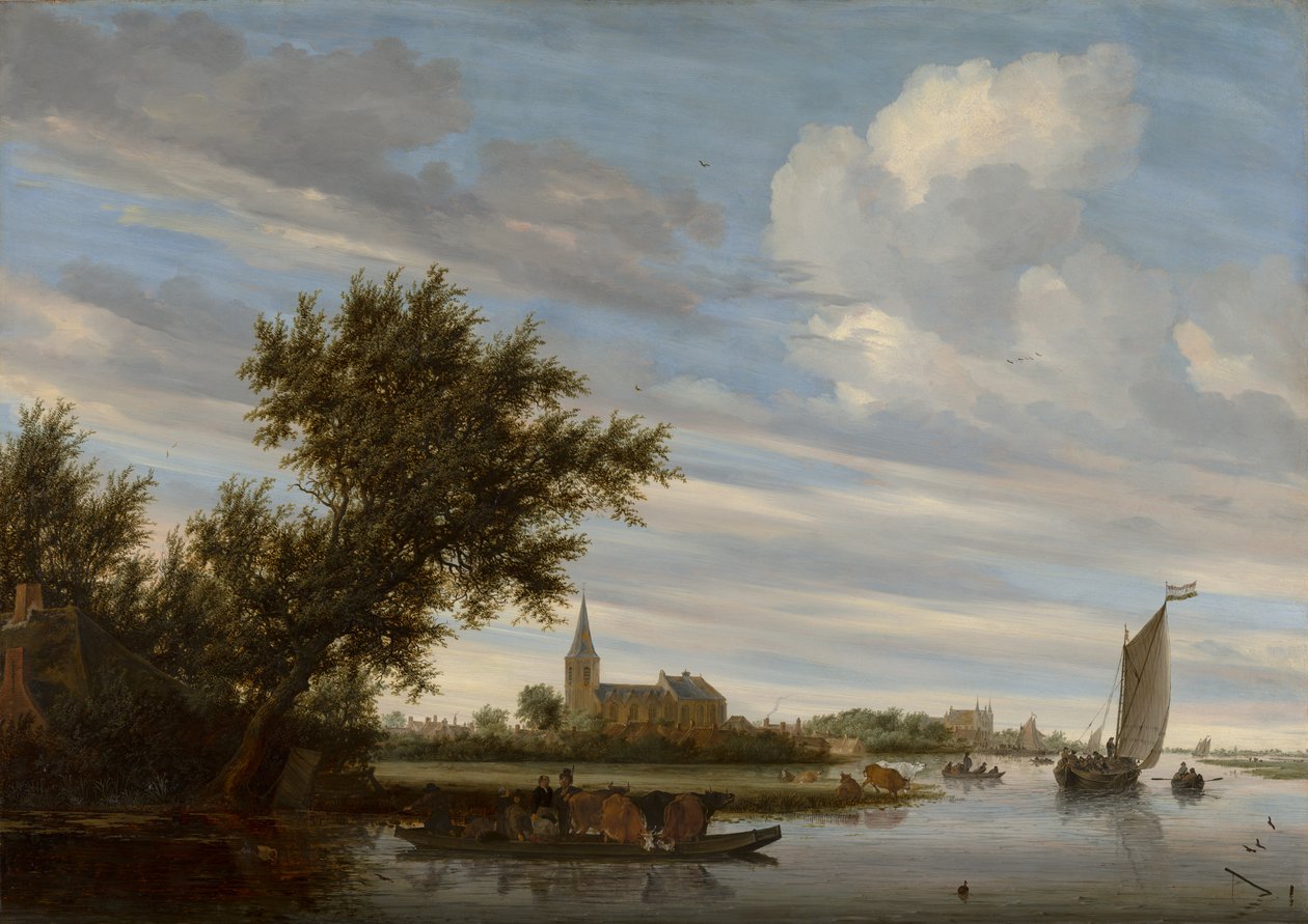 Folyóparti látkép templommal és komppal alkotó: Salomon van Ruysdael