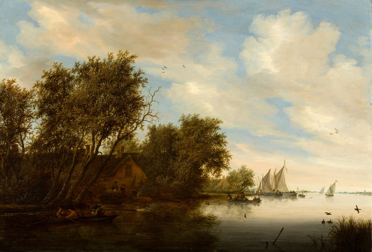 Folyóparti látkép kacsákra vadászó férfival alkotó: Salomon van Ruysdael