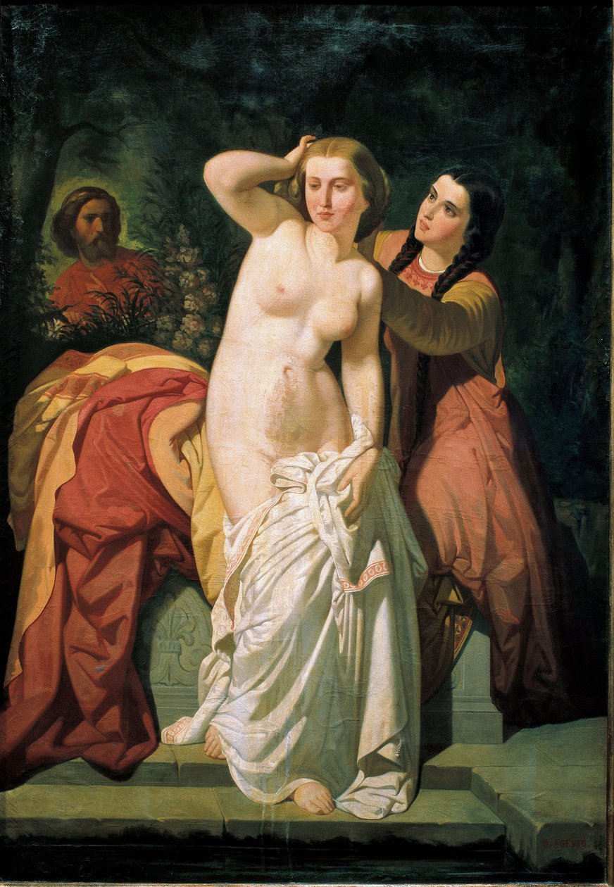 ""Dávid és Betsabé"" Dávid nézi, ahogy Betsabé fürdik. Salustiano Asenjo Arozarena (1834-1897) festménye 19. század Méret: 131 x 89 cm Navarra Múzeum Pamplona Spanyolország alkotó: Salustiano Asenjo