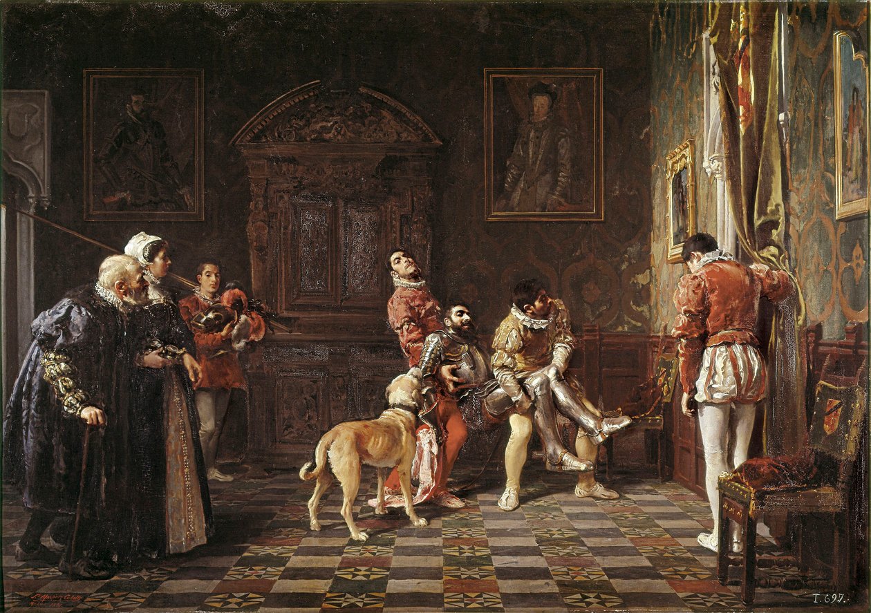 "" A torna visszatérése "" Egy fiatal lovagot, aki sérült, visszahoznak a palotába, két oldallal alátámasztva. Salvador Martinez Cubells (1845-1914) festménye, 1881 Valencia. Bellas Artes San Pio Múzeum alkotó: Salvador Martinez Cubells