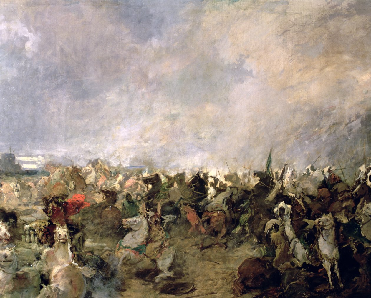 A guadaletei csata részlete a gótok menekülésének Roderic király parancsnoksága alól Tarik Ibn Ziyad muszlim lovasságának jelenlétében, i.sz. 711 (olaj, vászon) (részlet) alkotó: Salvador Martinez Cubells