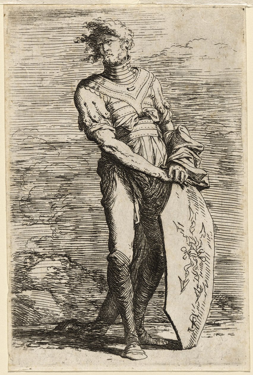 Egy álló harcos, aki egy hosszúkás nyolcszögletű pajzsot tart, 1656–1657 körül (rézkarc fektetett papírra) alkotó: Salvator Rosa