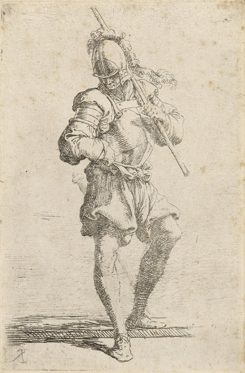 Egy harcos, botot tart a vállán, és lelép egy alacsony párkányról, 1656-57 körül (szárazhús maratott papírra) alkotó: Salvator Rosa