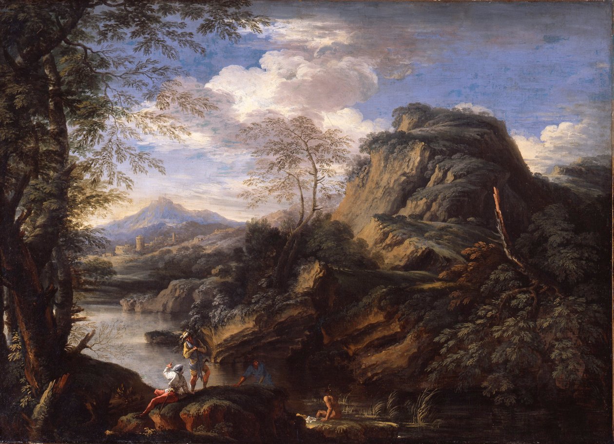 Hegyi táj alakokkal és egy fürdőző emberrel alkotó: Salvator Rosa