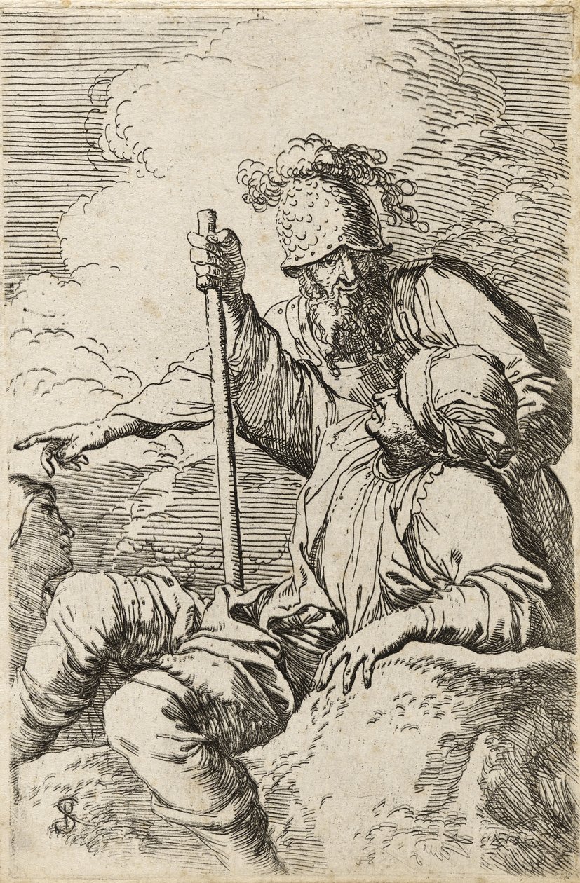 Három harcos, az egyik egy előtérben lévő sziklán ül, kezében bottal; a második mögötte áll és mutat; a harmadik arcként látható mögöttük, 1656-57 körül (szárazhús maratott papírra) alkotó: Salvator Rosa