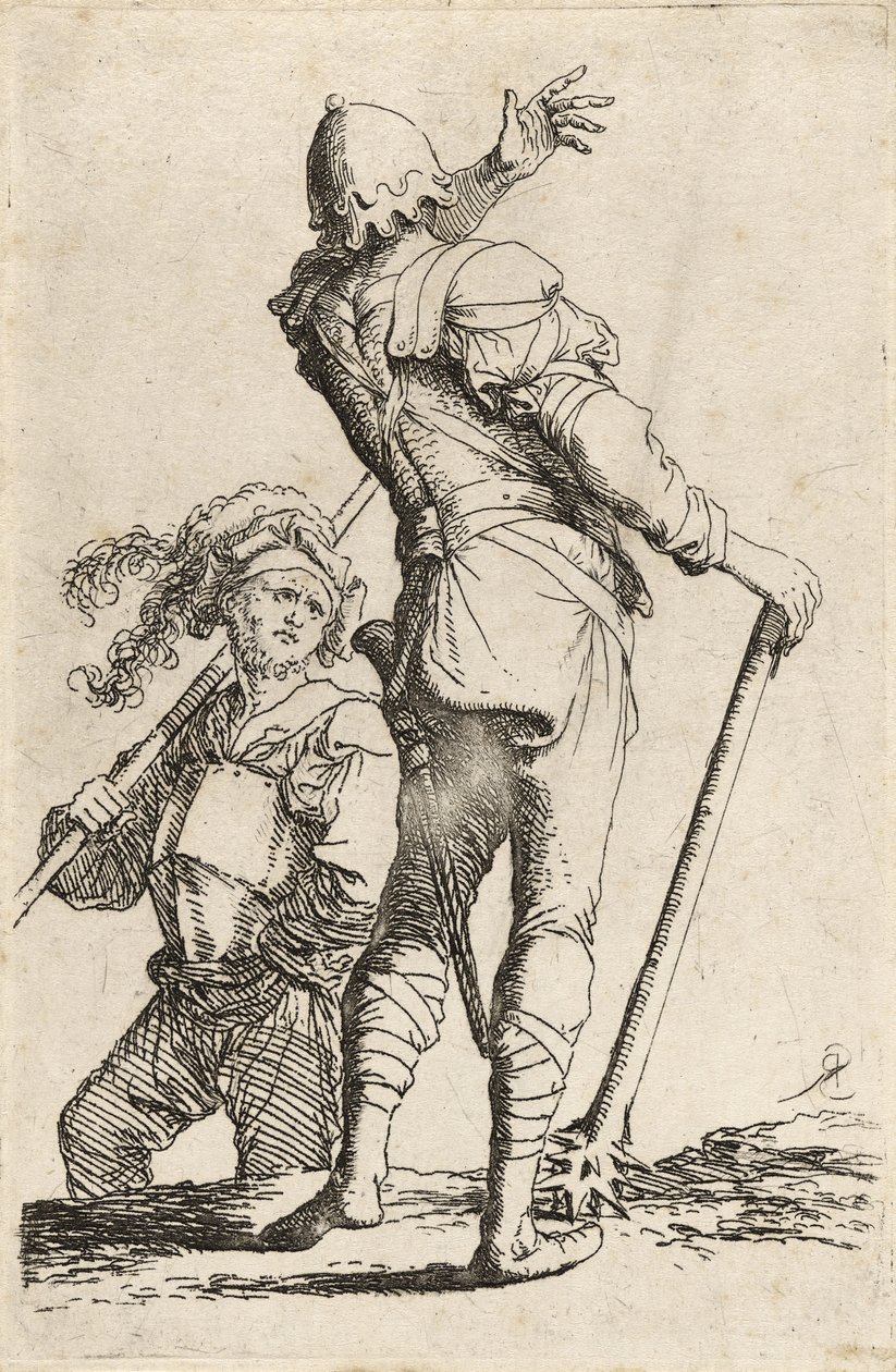 Két harcos, az egyik buzogányt tart, és megfordul, hogy intsen a másiknak, 1656-57 körül (szárazhús maratott papírra) alkotó: Salvator Rosa
