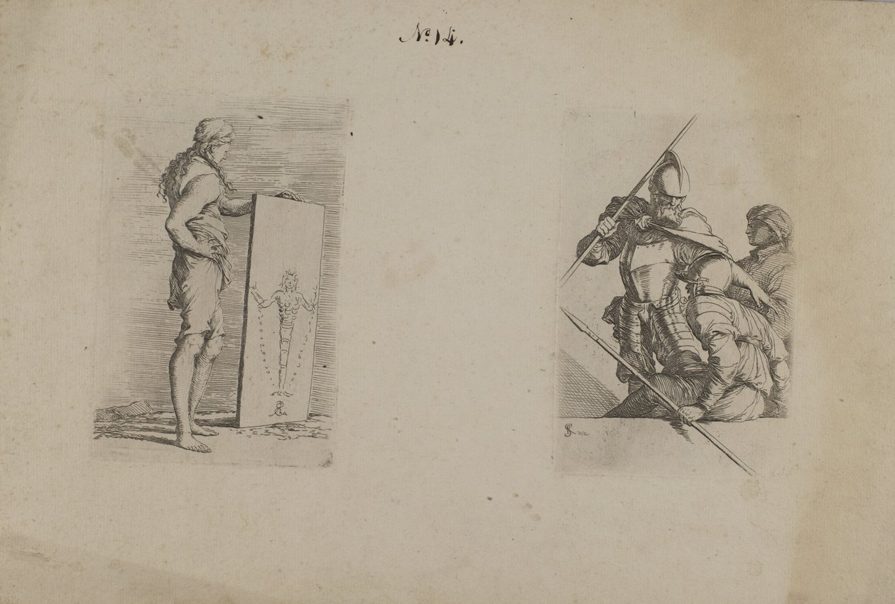 (figura sorozat) Hosszú hajú férfi, aki táblát tart alkotó: Salvator Rosa