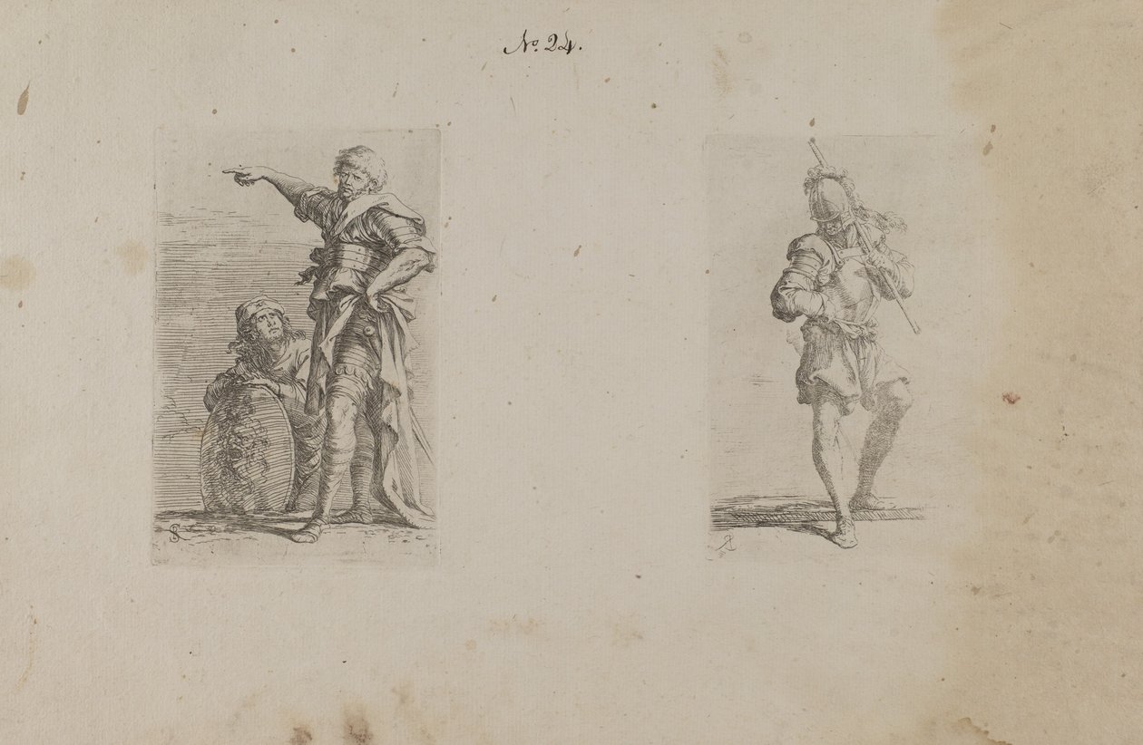 (Figurasorozat) Két férfi, az egyik balra mutat, a másik térdel alkotó: Salvator Rosa