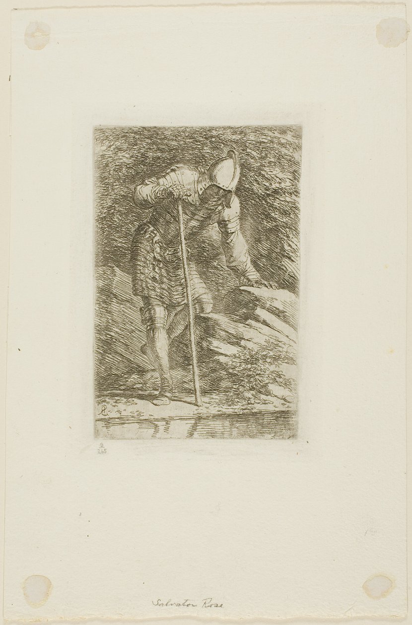 Egy harcos teljes páncélban egy barlangban alkotó: Salvator Rosa
