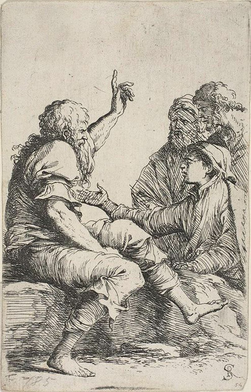 Egy szakállas idős férfi ül egy sziklán, és kérő mozdulatot tesz a vele szemben álló három férfi felé, a Figurine sorozatból alkotó: Salvator Rosa