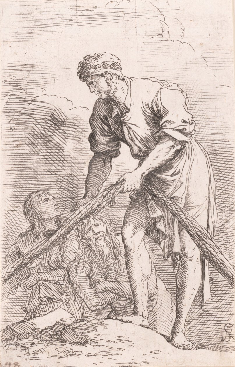 Egy férfi hálót húz két figurával a háta mögött, a „Figurine” sorozatból, kb. ..., kb. 1656-1657. alkotó: Salvator Rosa