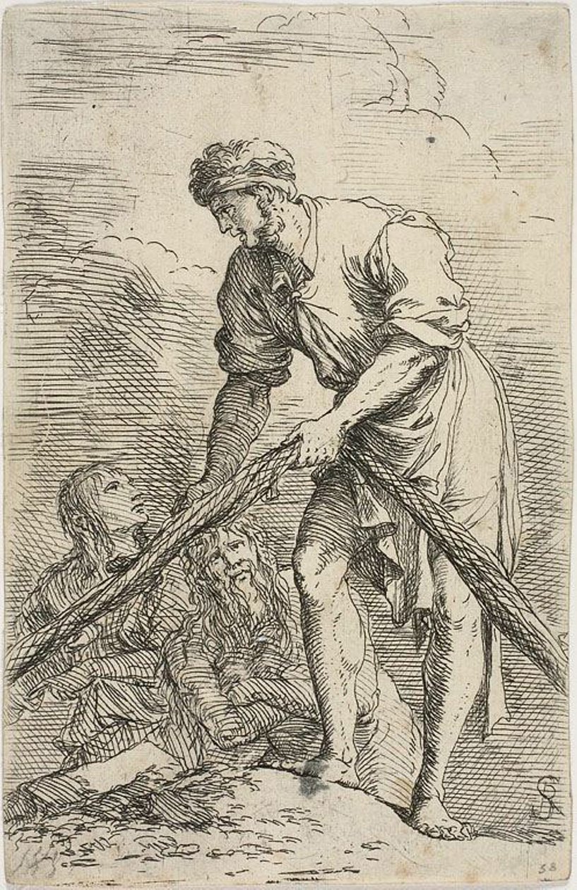 Egy hálót húzó férfi két figurával a háta mögött, a Figurine sorozatból alkotó: Salvator Rosa
