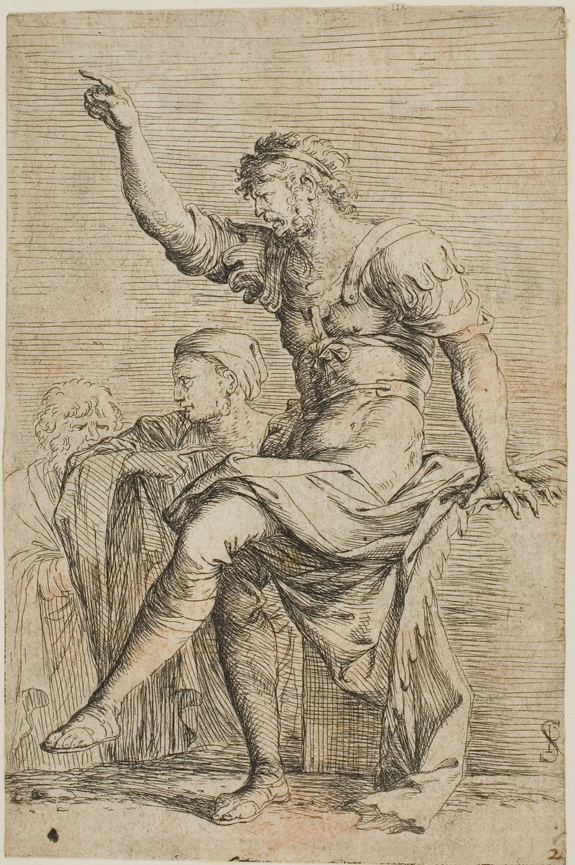 Egy harcos ül egy blokkon, és int; két figura áll mögötte, a Figurine sorozatból alkotó: Salvator Rosa
