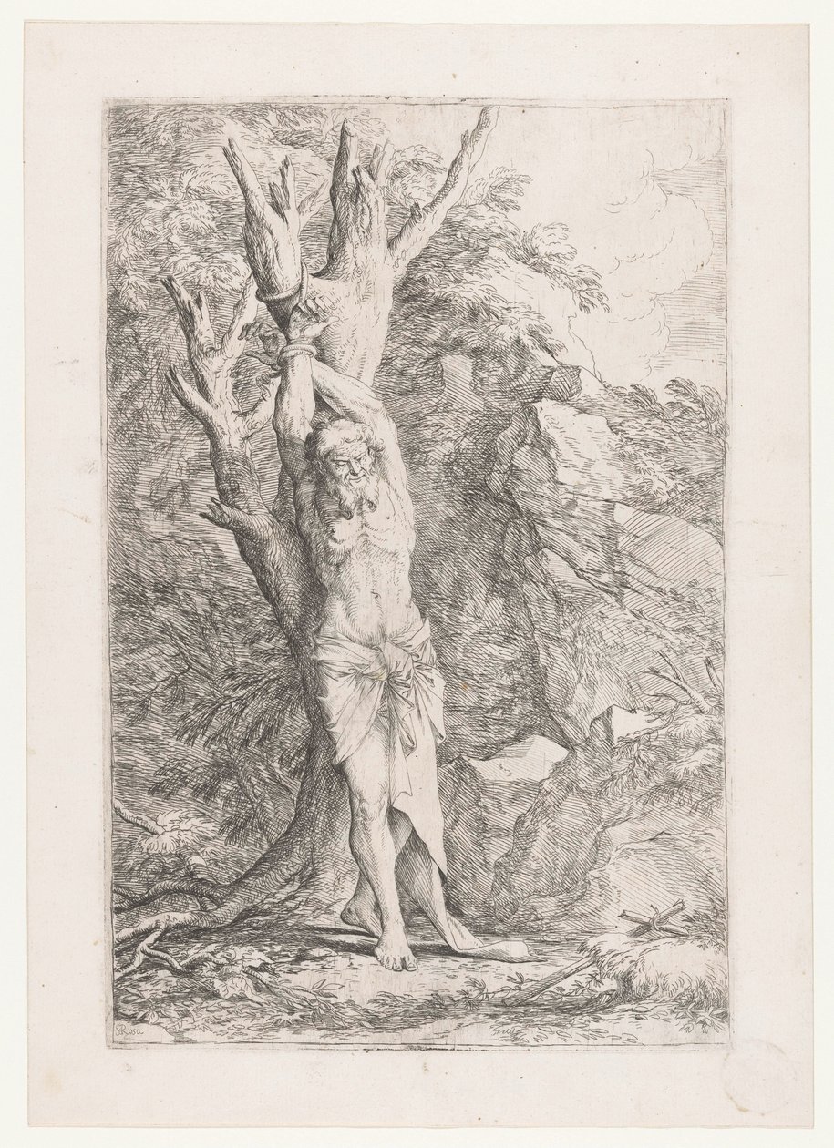 Albert egy fához kötve alkotó: Salvator Rosa