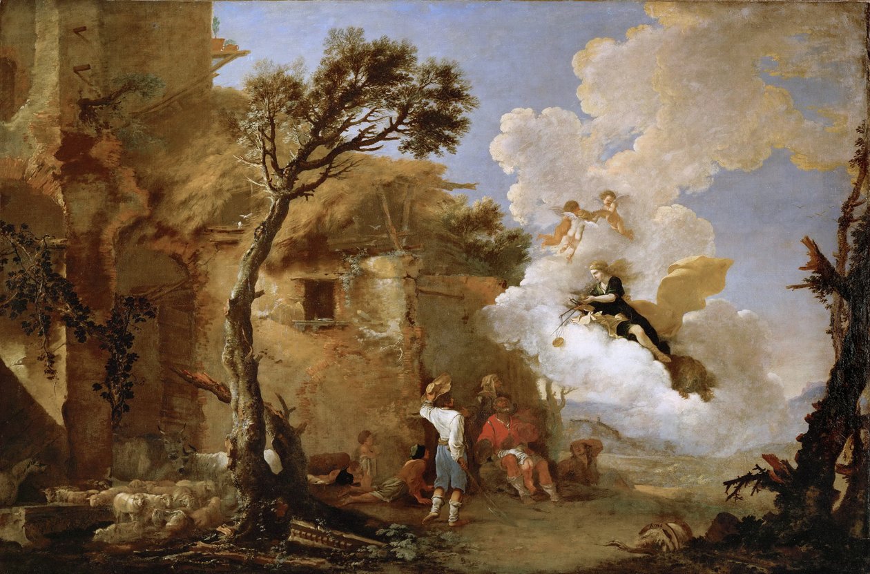 Astree (Astrape) quitant les bergers – Astraea visszatérése, Rosa, Salvatore (1615-1673). Olaj, vászon, kb 1640-1645. Mérete: 139,5x209 cm. Művészettörténeti Múzeum, Vienne alkotó: Salvator Rosa