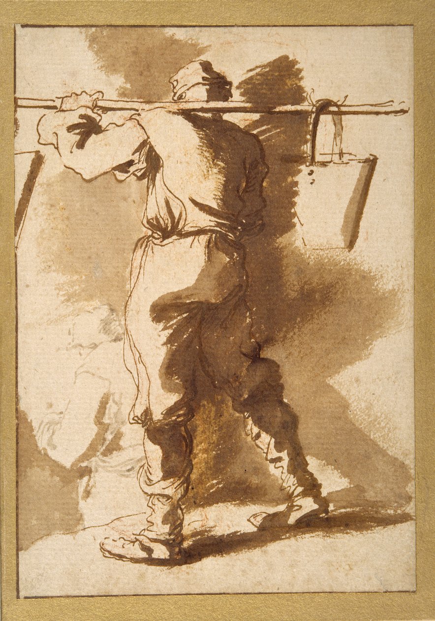Egy vízhordozó hátulnézete, mögötte egy másik alak (toll és tinta krétával, papíron) alkotó: Salvator Rosa
