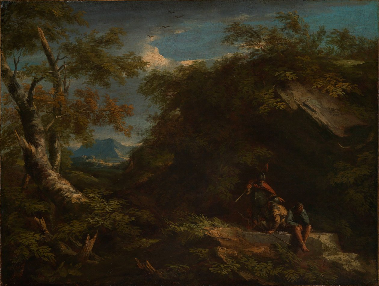 Hegyvidéki erdős táj pihenő harcosokkal alkotó: Salvator Rosa