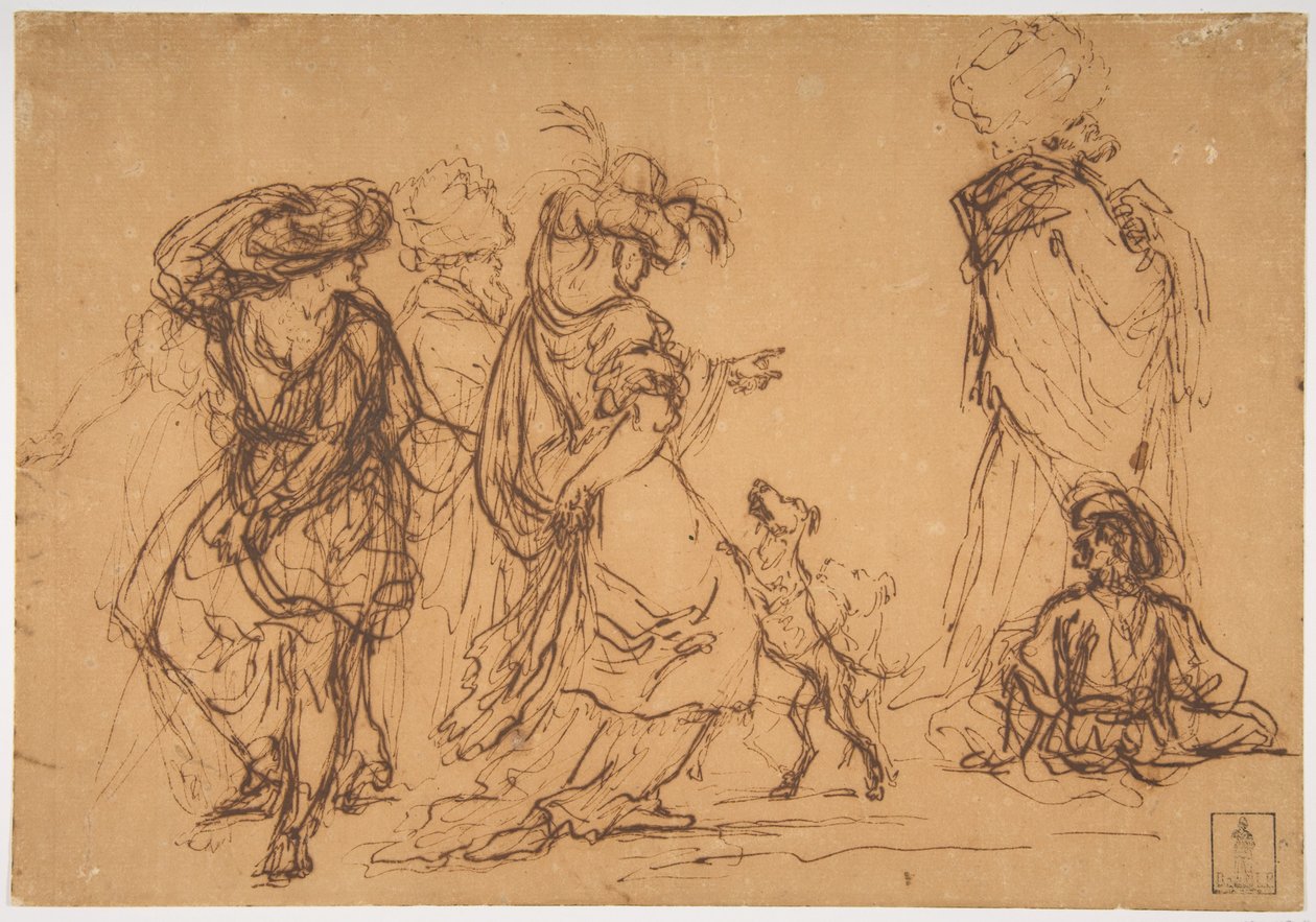 Fünf Figuren in fantastischen Kostümen mit zwei Hunden alkotó: Salvator Rosa