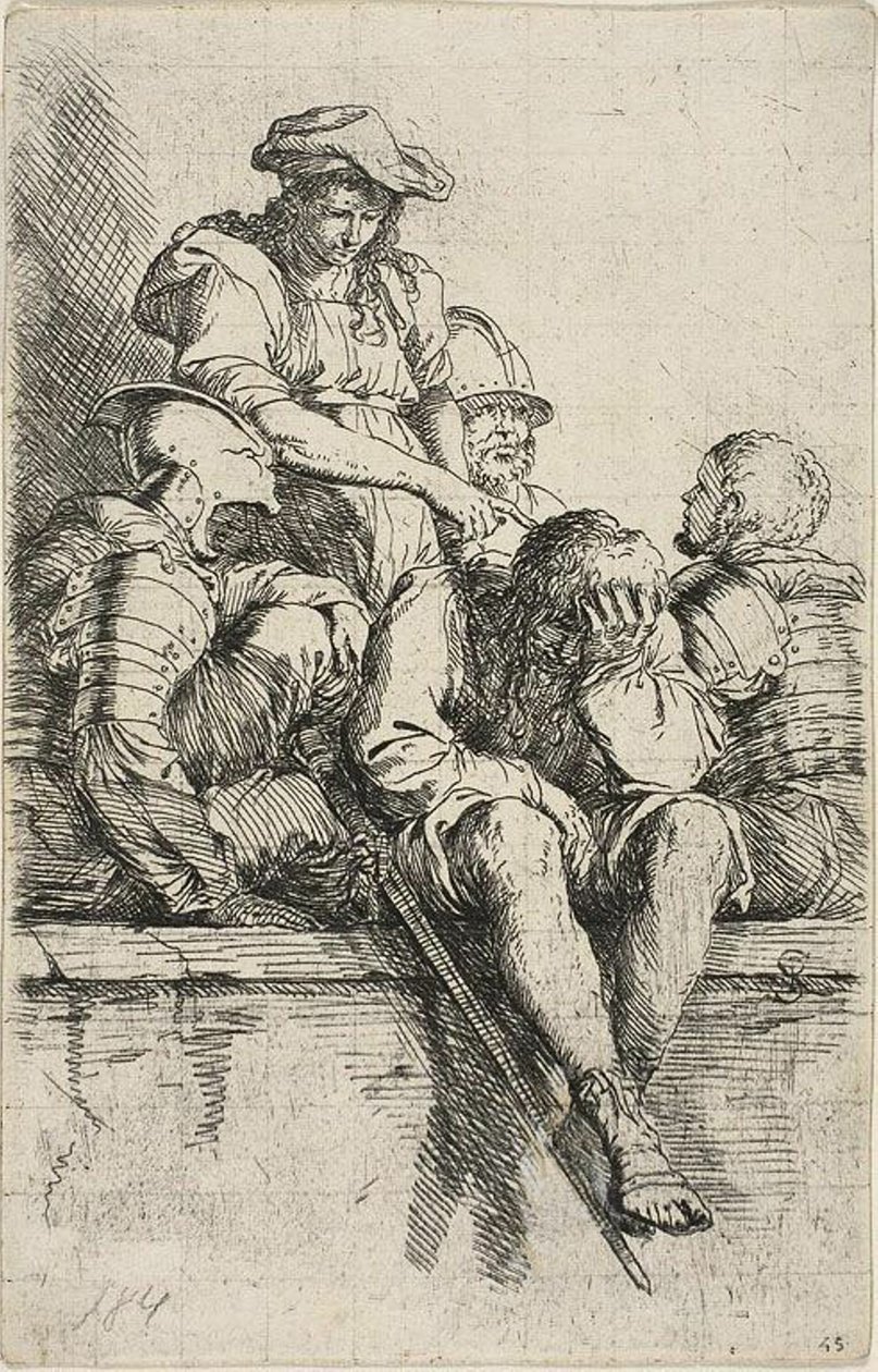 Négy harcos és egy álló fiatal, aki az egyikre mutat, a Figurine sorozatból alkotó: Salvator Rosa